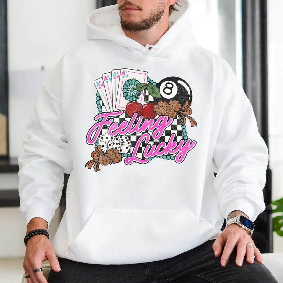 Feeling Lucky Western Hoodie | Retro Checkered Casino Graphic | Premium Cotton Blend | Vintage Cowgirl Rodeo Gift