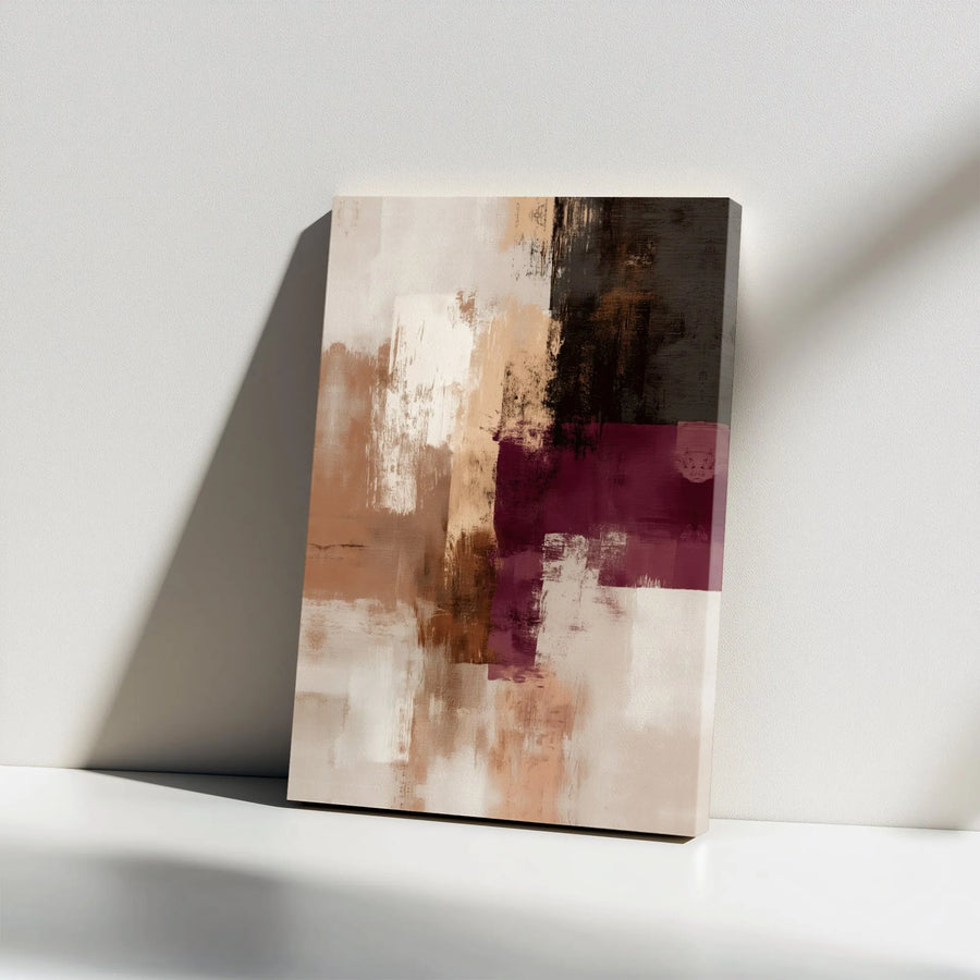 Abstract Canvas Wall Art | Neutral Burgundy Brown Brushstrokes | Premium 1.25-Inch Gallery Wrap | Modern Minimalist Home Decor Gift