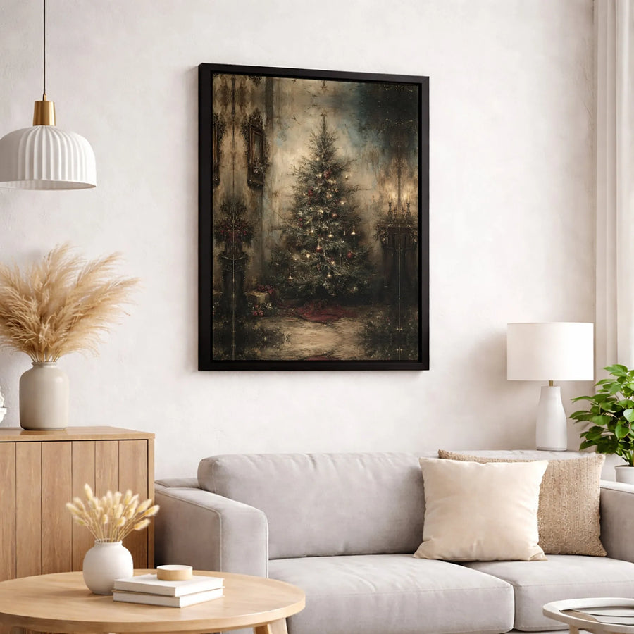 Vintage Christmas Tree Canvas Print | Moody Rustic Holiday Wall Art | Premium Gallery Wrapped Decor | Festive Home Interior Gift