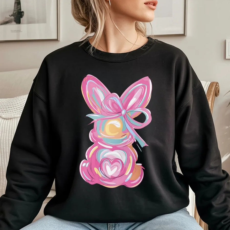 Easter Bunny Sweatshirt | Artistic Colorful Rabbit With Pink Bow | Premium Cotton Blend Crewneck | Cute Spring Holiday Gift For Women