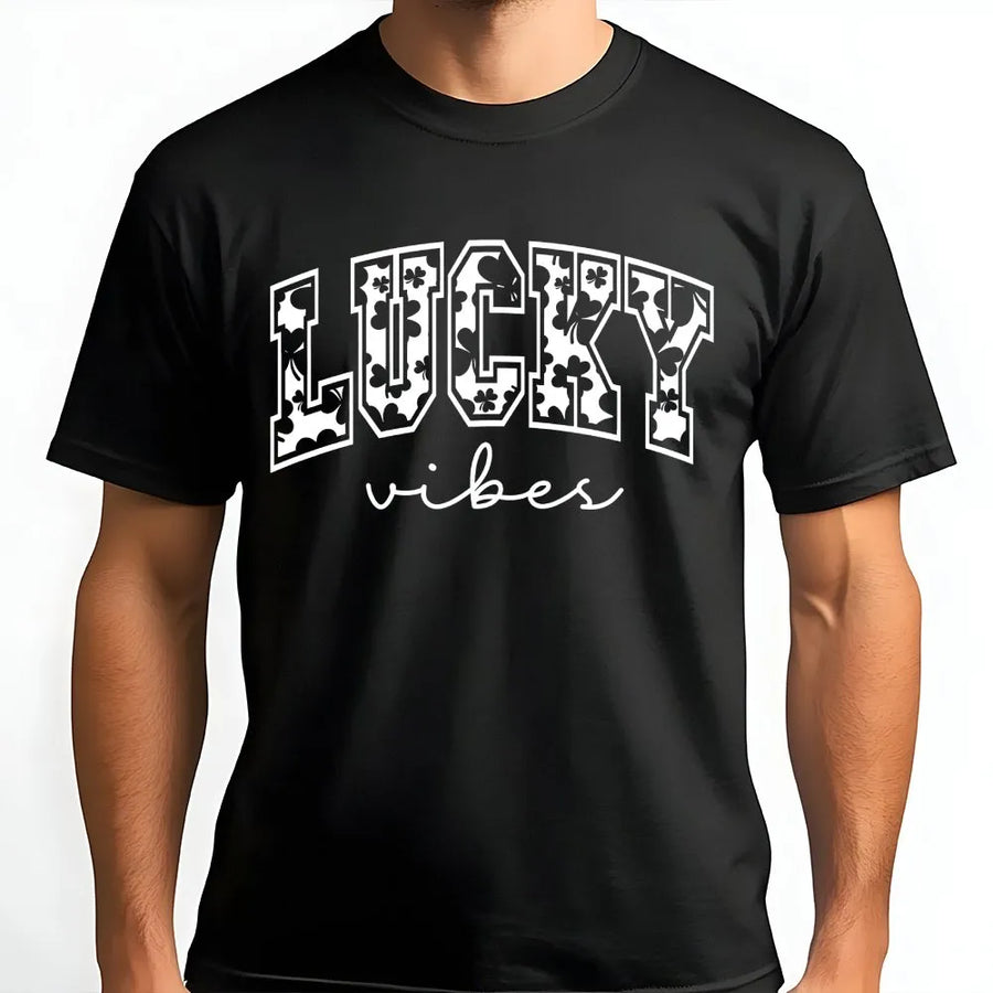 Lucky Vibes St Patricks Day T-Shirt | Shamrock Clover Collegiate Graphic Print | Premium Soft Cotton Tee | Cute Irish Outfit Gift For Women