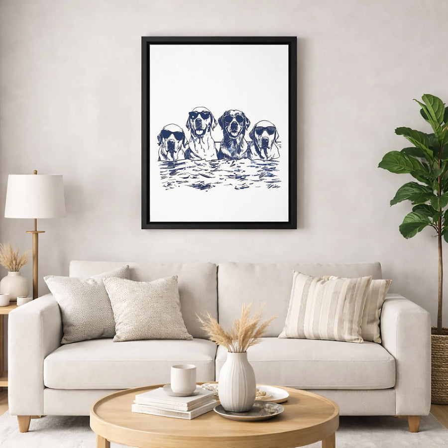 Four Labrador Dogs Swimming Canvas | Fun Beach Dog Wall Art | Premium Fade-Resistant Print | Gift for Dog Lovers & Pet Owners