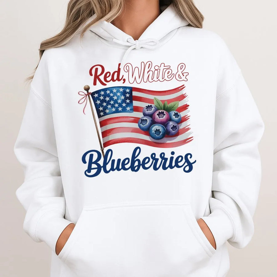 Red White and Blueberries Hoodie | Patriotic American Flag Fruit Design | Premium Cotton Blend | 4th of July Gift for Men and Women