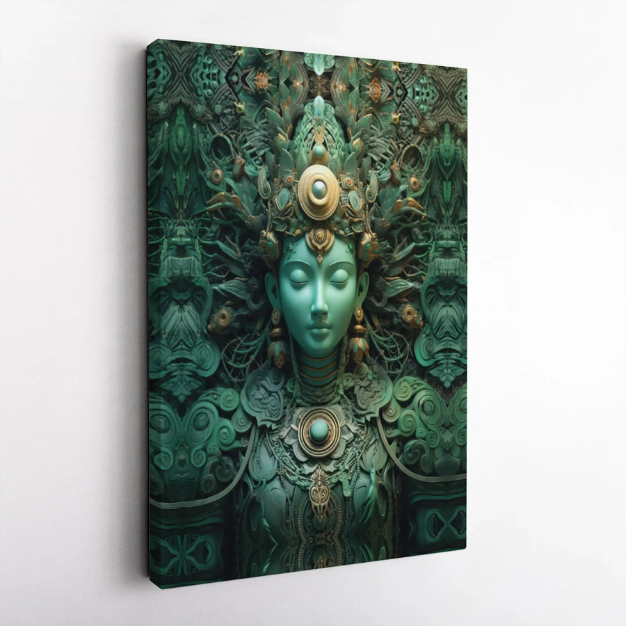 Mystical Jade Goddess Canvas Art | Intricate Headdress Portrait | Premium Gallery Wrap Wall Decor | Spiritual Zen Home Office Gift