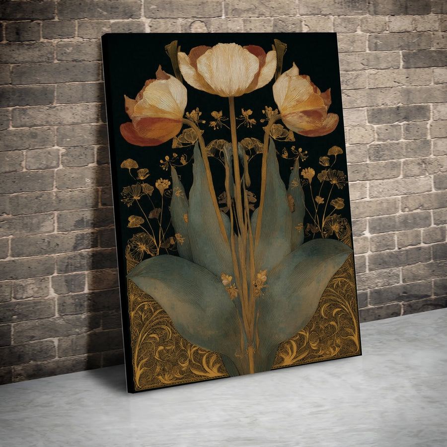 Art Nouveau Floral Vertical Canvas | Vintage Botanical Tulip Illustration | Premium Thick Gallery Wrap | Living Room & Bedroom Decor Gift
