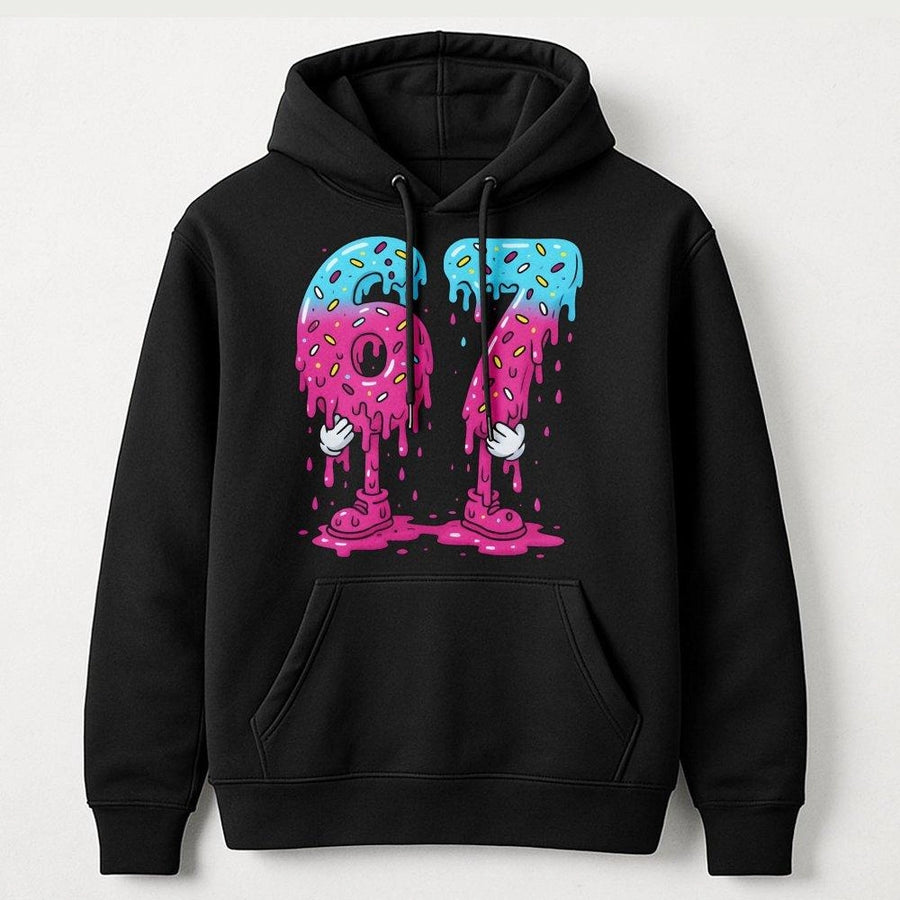 Number 67 Hoodie | Melting Donut Graphic Design | Premium Cotton Blend | Funny Birthday Gift For 67th Birthday Celebration
