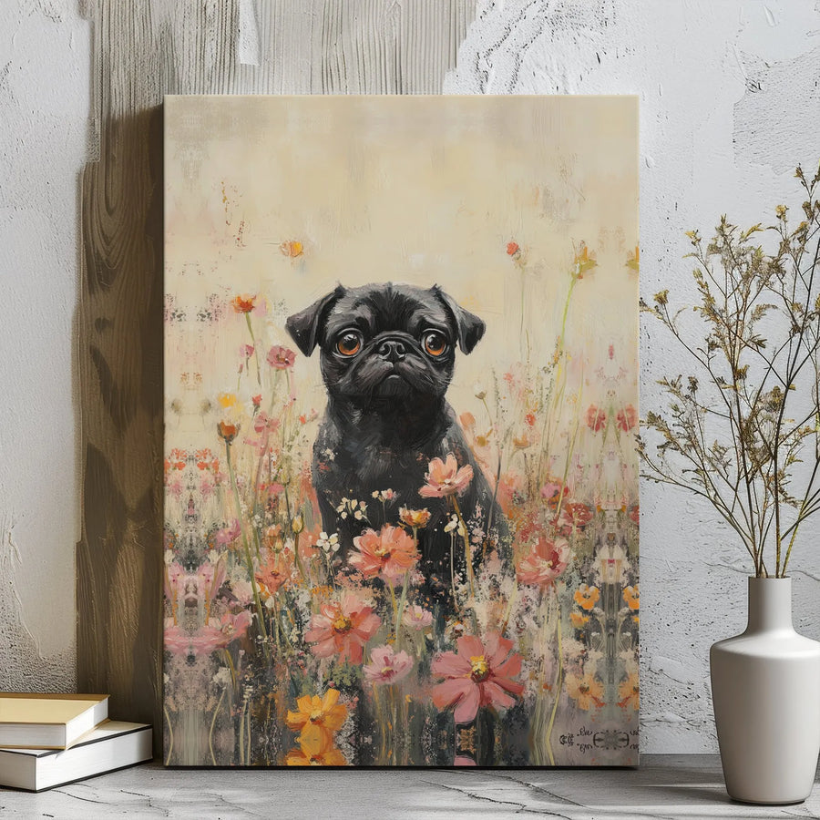 Black Pug Wall Art | Impressionist Wildflower Oil Painting Print | Premium Gallery Wrapped Canvas | Dog Lover Gift & Home Decor