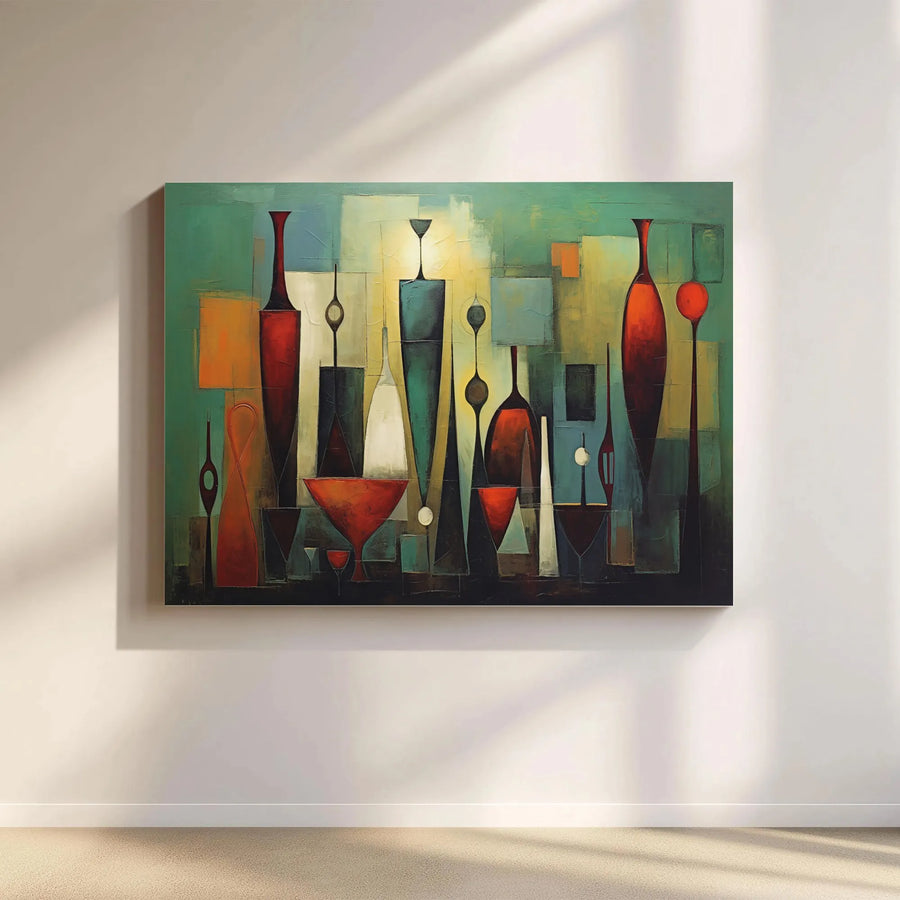 Mid-Century Modern Abstract Canvas Wall Art | Geometric Still Life Vase Print | Gallery Quality 1.25 Inch Thick | Retro Home Decor Statement