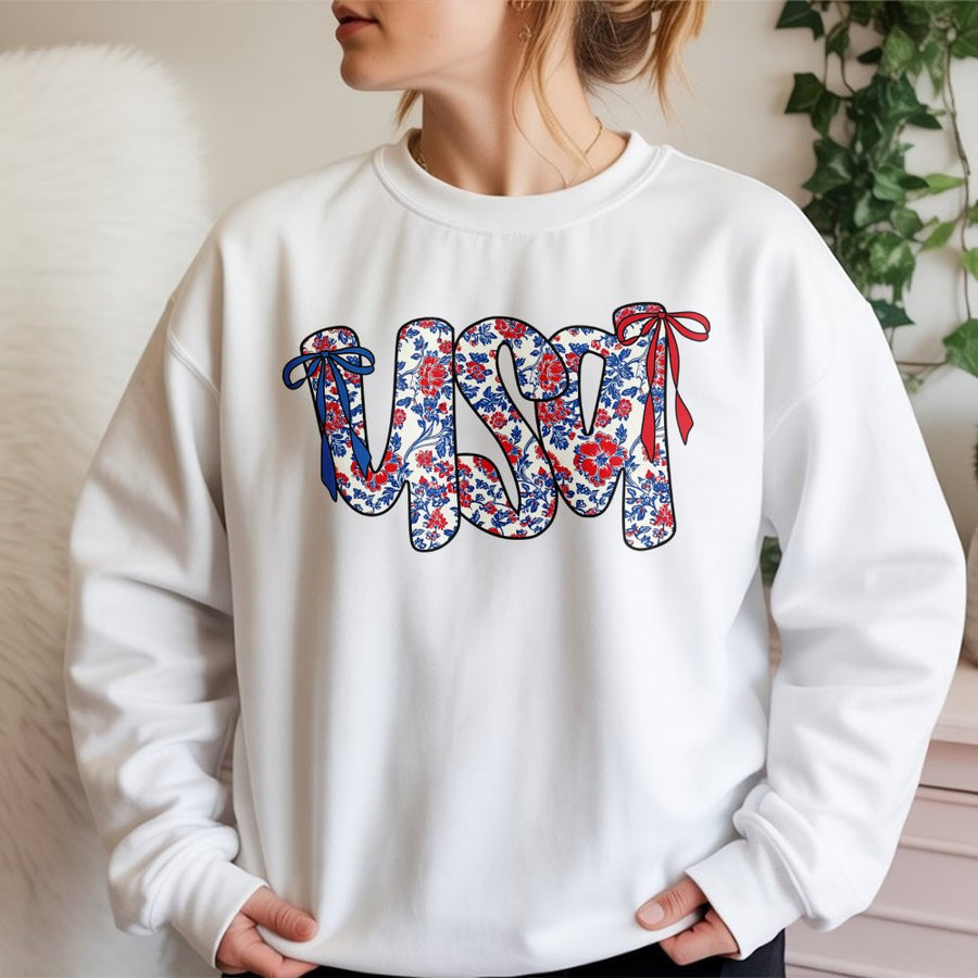 USA Floral Bow Sweatshirt | Patriotic Coquette Aesthetic Design | Premium Cotton-Poly Blend | 4th of July Gift for Women and Girls