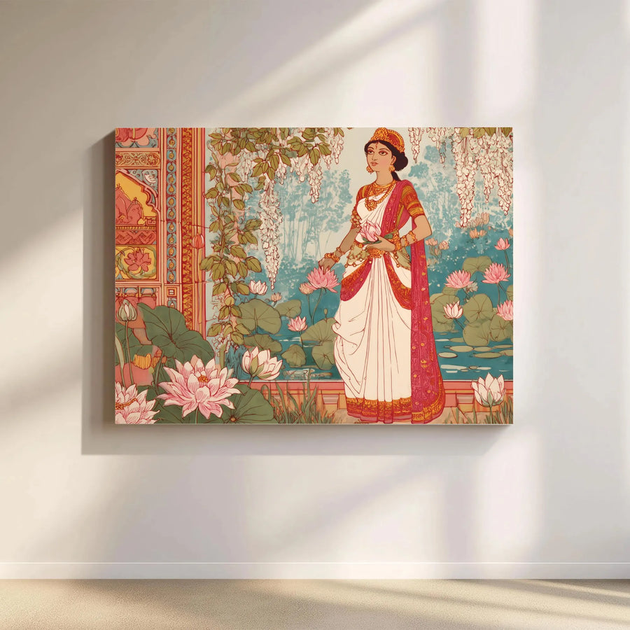 Indian Art Nouveau Woman Horizontal Canvas | Lotus Pond Botanical Portrait | Premium Fade-Resistant Print | Elegant Cultural Home Decor Gift