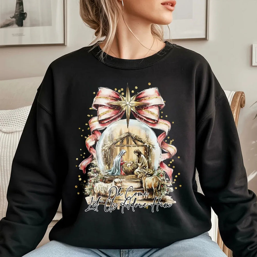 Oh Come Let Us Adore Him Sweatshirt | Watercolor Nativity Scene Christmas Graphic | Premium Cotton Blend | Faith-Based Religious Holiday Gift