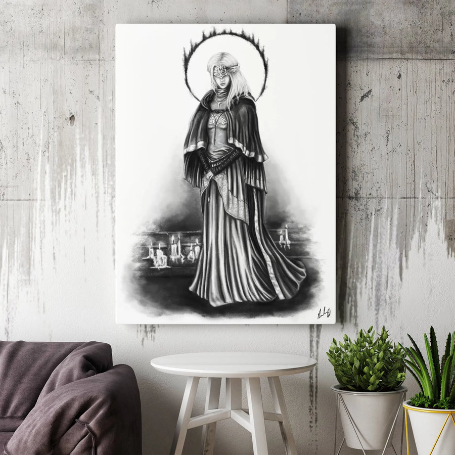 Gothic Fantasy Wall Art | Fire Keeper Pencil Sketch | Premium Gallery Wrapped Canvas | Gamer Room Decor Gift for RPG Fans