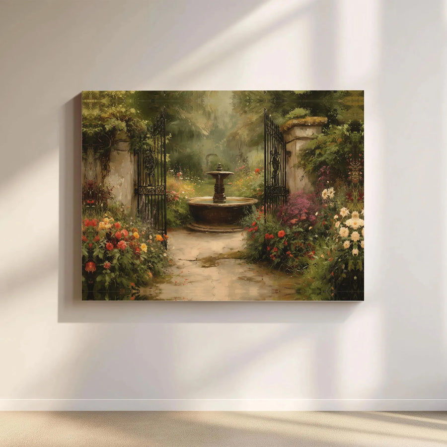 Secret Garden Wall Art | Vintage Oil Painting Fountain Scene | Premium Gallery Wrap Canvas | Romantic Home Decor Gift for Nature Lovers