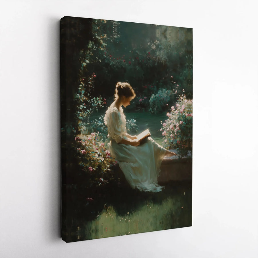 Woman Reading Book Canvas Art | Romantic Flower Garden Impressionist Painting | Premium 1.25-Inch Gallery Wrap | Elegant Home Decor Gift