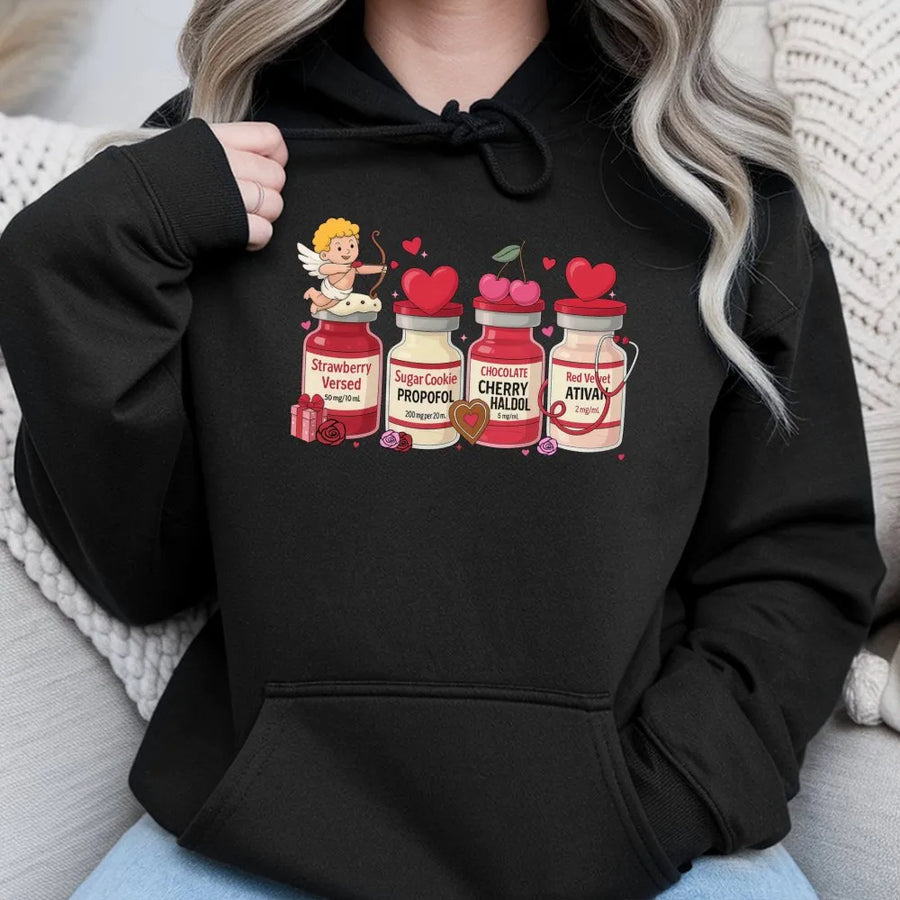 Nurse Valentine Hoodie | Funny Medical Medication Vials Design | Cotton Blend Premium Sweatshirt | Gift for Nurses & Medical Professionals
