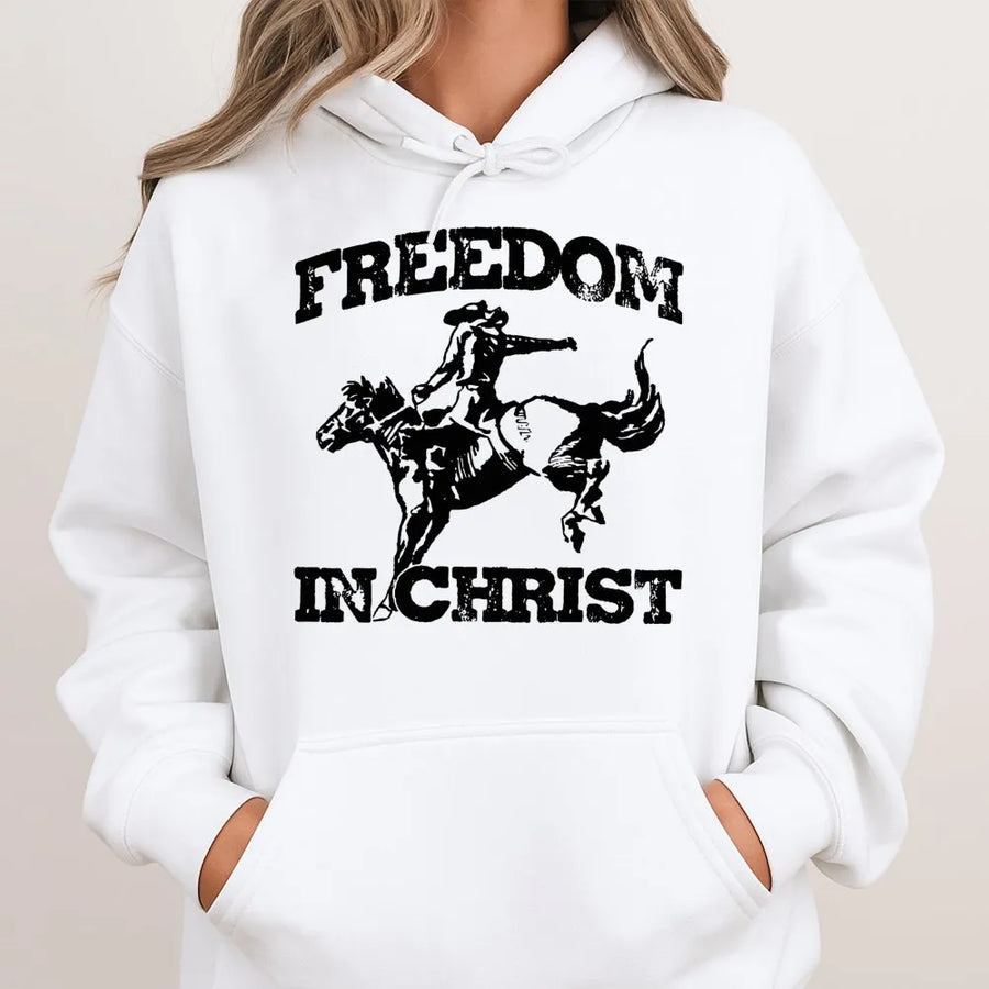 Freedom In Christ Hoodie | Western Cowboy Horse Graphic | Premium Cotton Blend | Christian Faith Gift for Men and Women
