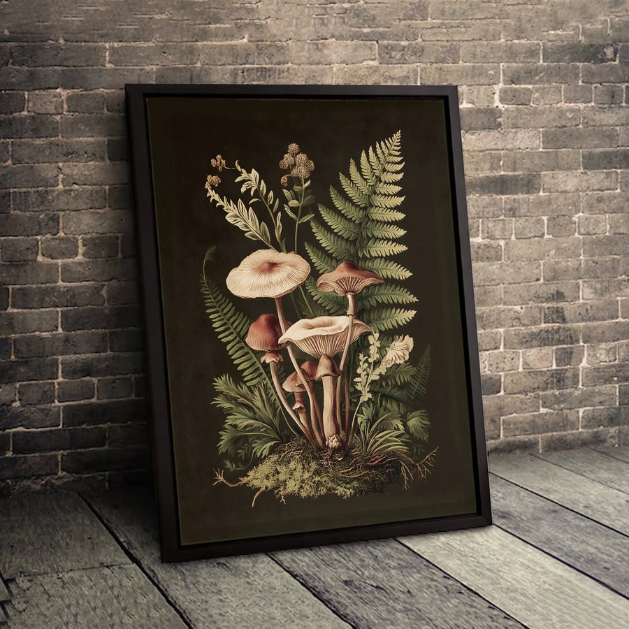 Botanical Mushroom Canvas Wall Art | Vintage Forest Fern Illustration | Gallery Quality Framed Print | Nature Inspired Home Decor Gift