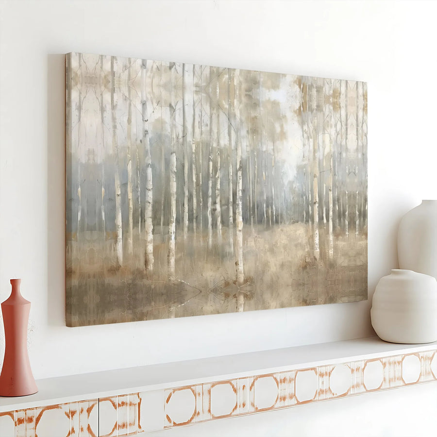 Birch Forest Landscape Horizontal Canvas | Watercolor Style Neutral Wall Art | Premium 1.25 Inch Gallery Wrap | Serene Nature Gift for Living Room Decor