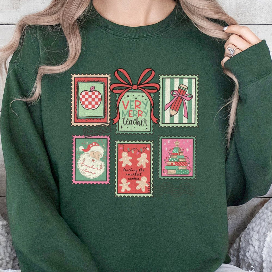 Very Merry Teacher Sweatshirt | Vintage Holiday Postage Stamp Design | Soft Cotton Blend | Cute Christmas Teacher Gift for Elementary Educators