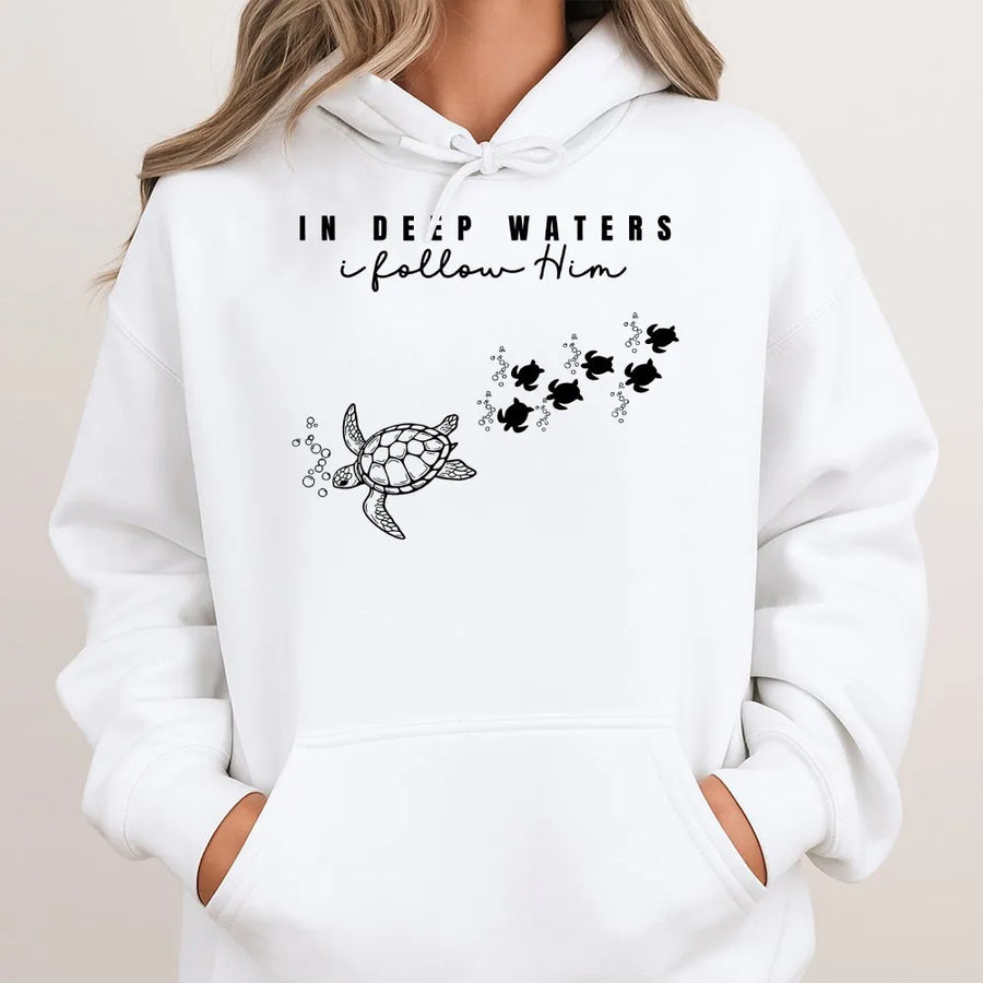 Coastal Christian Turtle Hoodie | 'In Deep Waters' Scripture Quote | Premium Cotton Blend | Faith Based Beach Gift for Women
