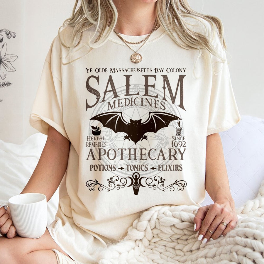 Salem Apothecary T-Shirt | Vintage Witchcraft Herbal Remedies Graphic | 100% Cotton Premium Tee | Spooky Halloween Gift for Witches