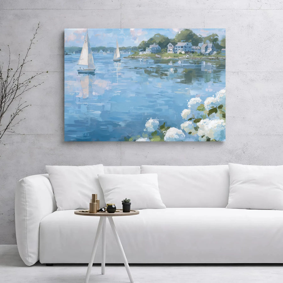 Coastal Sailboat Canvas Wall Art | Impressionist Seascape with Hydrangeas | Premium Gallery Wrap Decor | Ready to Hang Beach Home Gift