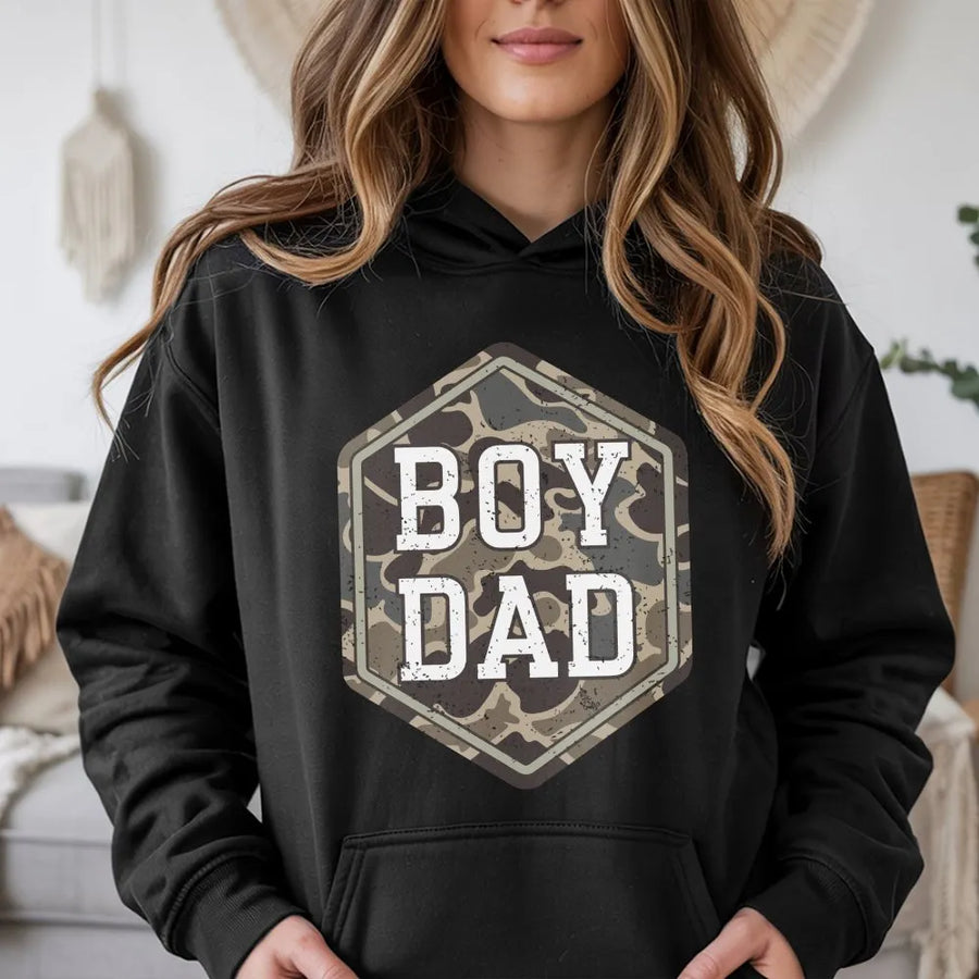 Boy Dad Camo Hoodie | Distressed Camouflage Graphic Tee | Premium Soft Cotton | Father's Day Gift for Husband