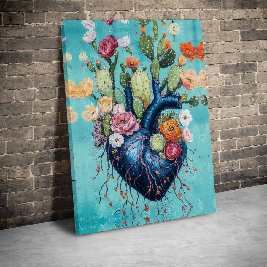 Anatomical Heart Canvas Wall Art | Blooming Cactus Floral Illustration | Premium Gallery Wrap Print | Modern Botanical Home Decor Gift