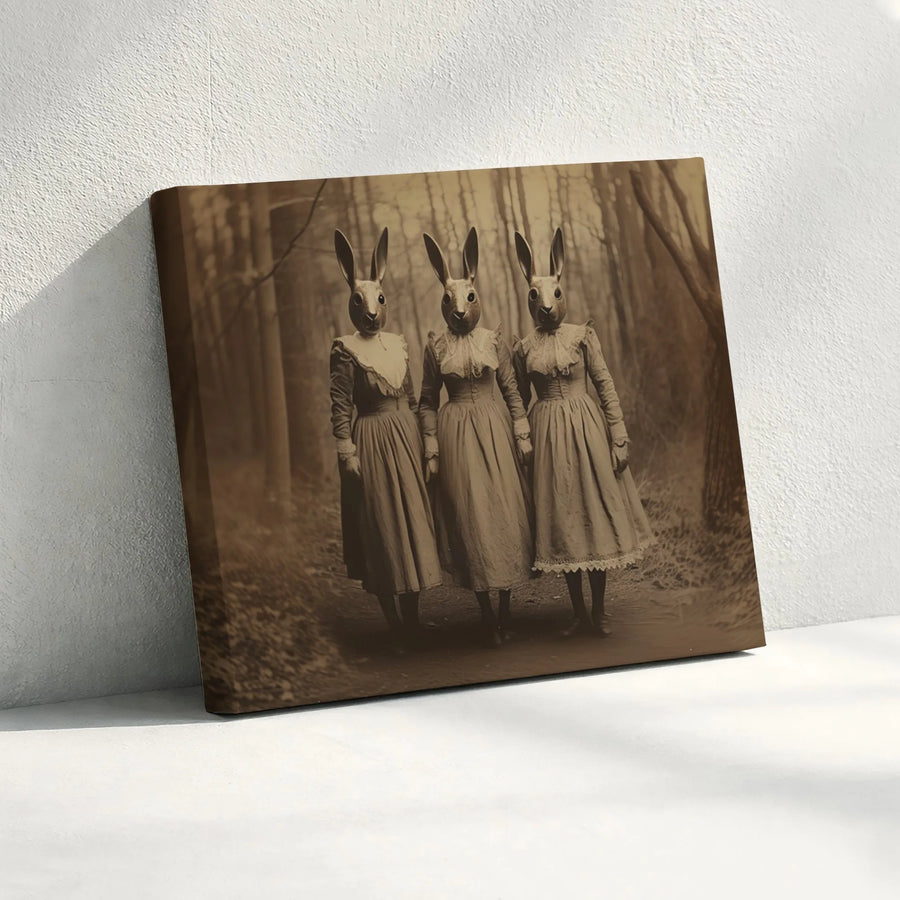 Surreal Rabbit Wall Art | Creepy Victorian Bunny Trio Print | Premium Gallery Wrapped Canvas | Dark Academia Home Decor Gift
