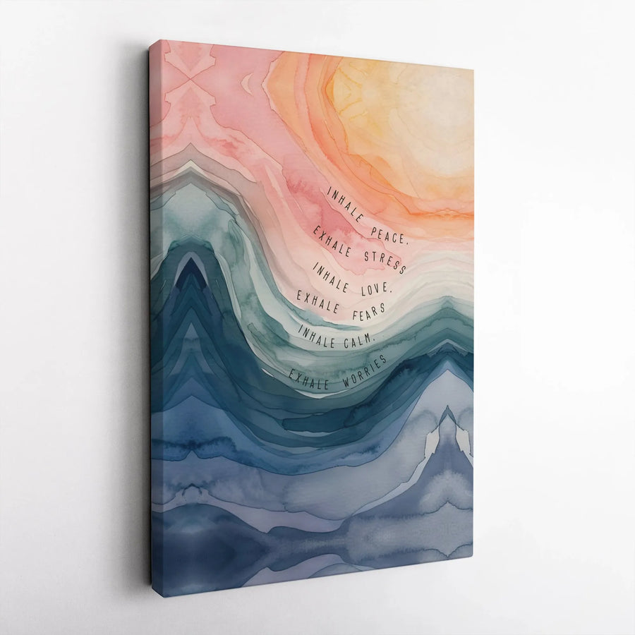 Inhale Peace Exhale Stress Wall Art | Abstract Watercolor Quote Canvas Print | Premium Gallery-Wrapped Decor | Motivational Office Gift