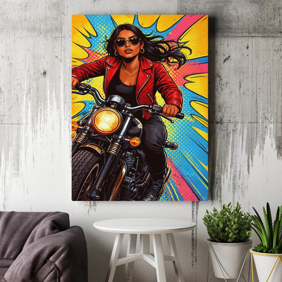 Pop Art Biker Woman Canvas Print | Retro Motorcycle Comic Book Style | Premium 1.25-Inch Gallery Wrap | Edgy Home Decor Gift for Riders