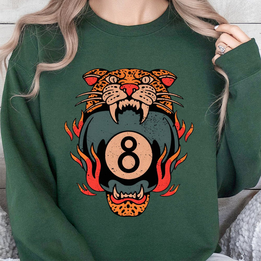 8 Ball Leopard Sweatshirt | Traditional Tattoo Flash Graphic | Premium Cotton Blend Crewneck | Grunge Streetwear Gift for Him and Her