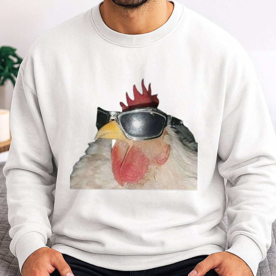 Funny Chicken Sweatshirt | Cool Rooster Wearing Sunglasses Graphic | Unisex Cotton Blend Pullover | Quirky Meme Gift for Farm Animal Lovers