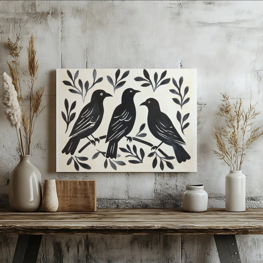 Black Bird Wall Art | Modern Minimalist Crow Print | Gallery-Quality 1.25-Inch Canvas | Botanical Nature Decor Gift for Home Office