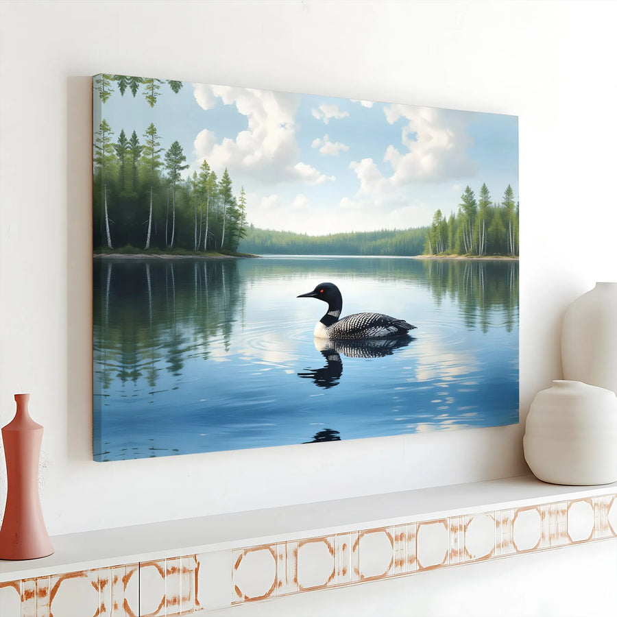 Loon Bird Canvas Wall Art | Serene Lake Forest Reflection Print | Gallery Wrapped Premium Decor | Nature Lover Cabin Gift