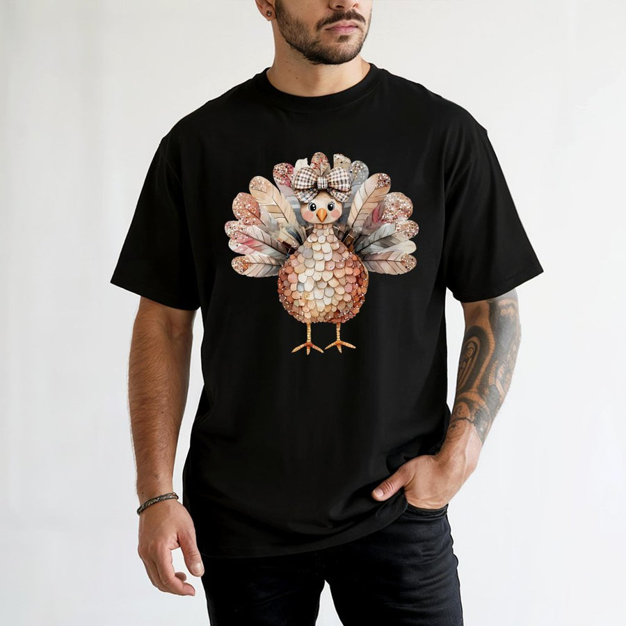 Coquette Turkey T-Shirt | Cute Glitter Bow Thanksgiving Design | 100% Cotton Premium Tee | Trendy Fall Aesthetic Gift For Her