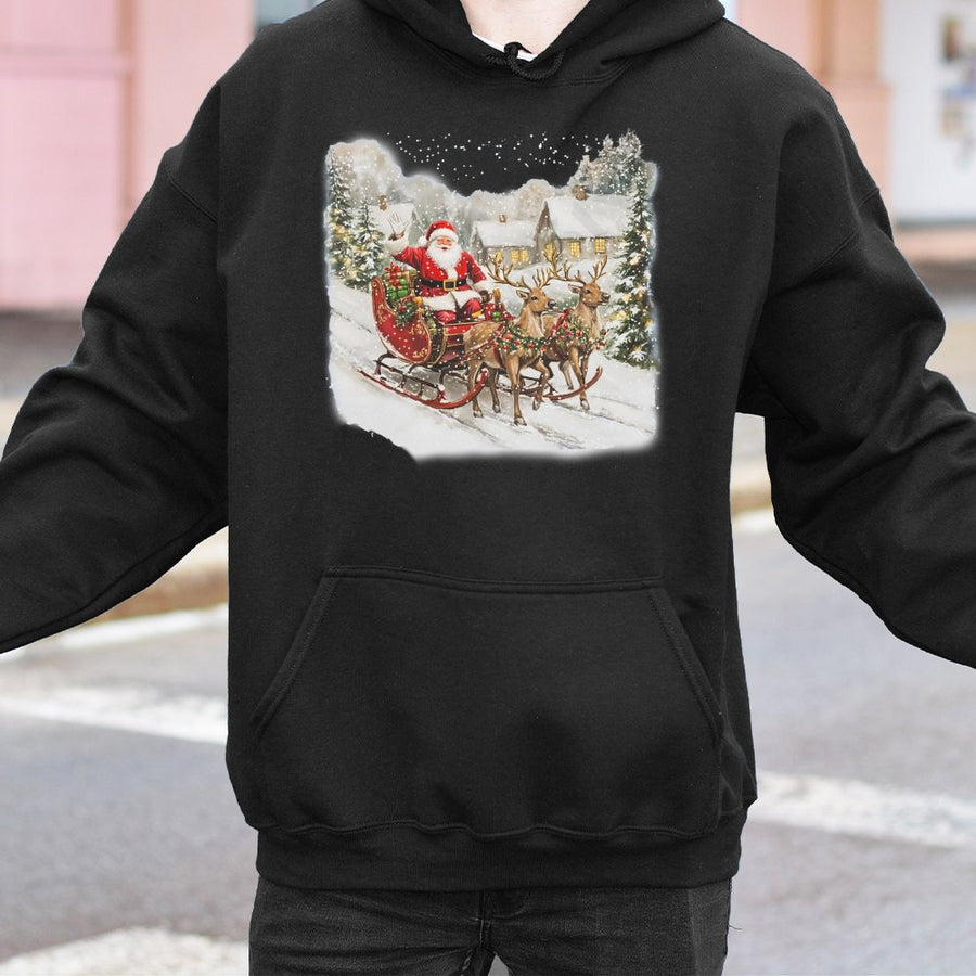 Vintage Santa Sleigh Hoodie | Nostalgic Christmas Winter Scene Print | Premium Cotton-Poly Blend | Unisex Holiday Gift for Men and Women