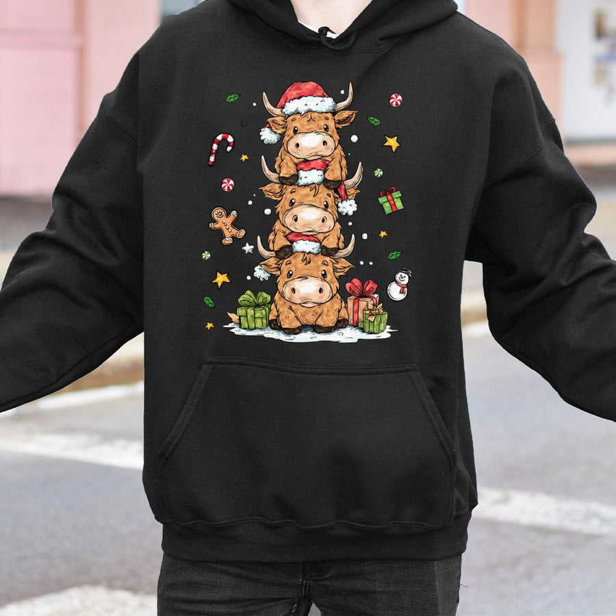 Cute Highland Cow Christmas Hoodie | Stacked Farm Animal Holiday Graphic | Premium Cotton Blend Sweatshirt | Cozy Winter Gift for Women & Teens