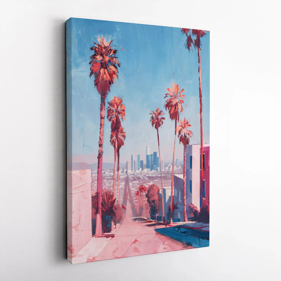 Los Angeles Cityscape Wall Art | Painterly Palm Tree Street View | Premium Gallery-Wrapped Canvas | Modern California Home Decor Gift