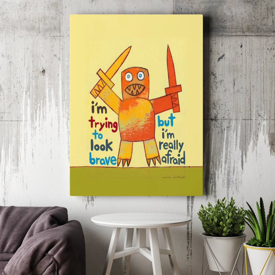 Anxiety Monster Canvas Wall Art | 'I'm Trying To Look Brave' Quote | Premium Fade-Resistant Print | Kids Room Decor & Therapist Office Gift