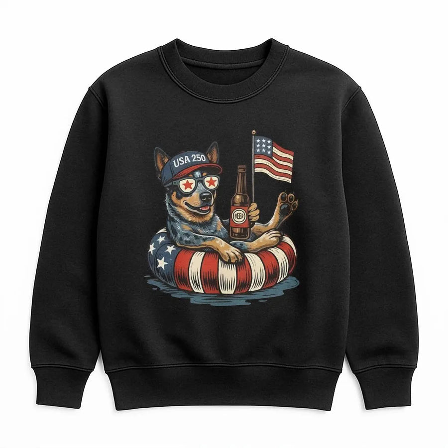 USA 250 Patriotic Dog Sweatshirt | Funny Blue Heeler with American Flag | Soft Cotton Blend | 4th of July Gift for Men and Women