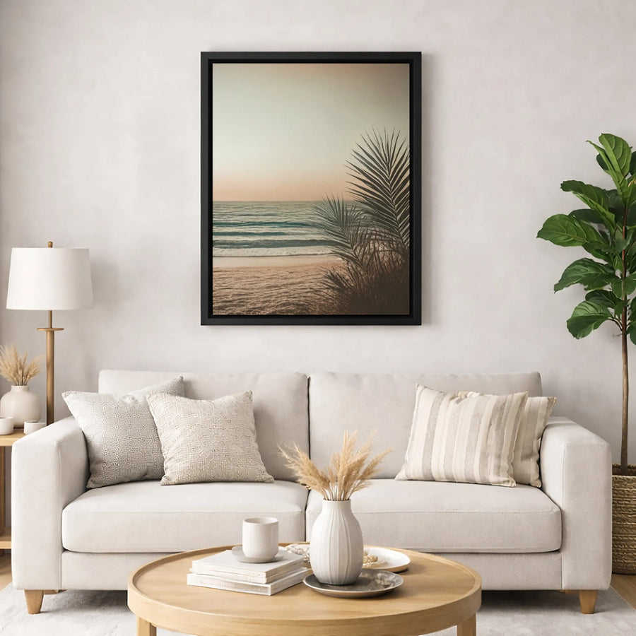 Coastal Beach Wall Art | Calm Sunset Palm Tree Photography | Premium Gallery Wrapped Canvas | Minimalist Home Decor Gift