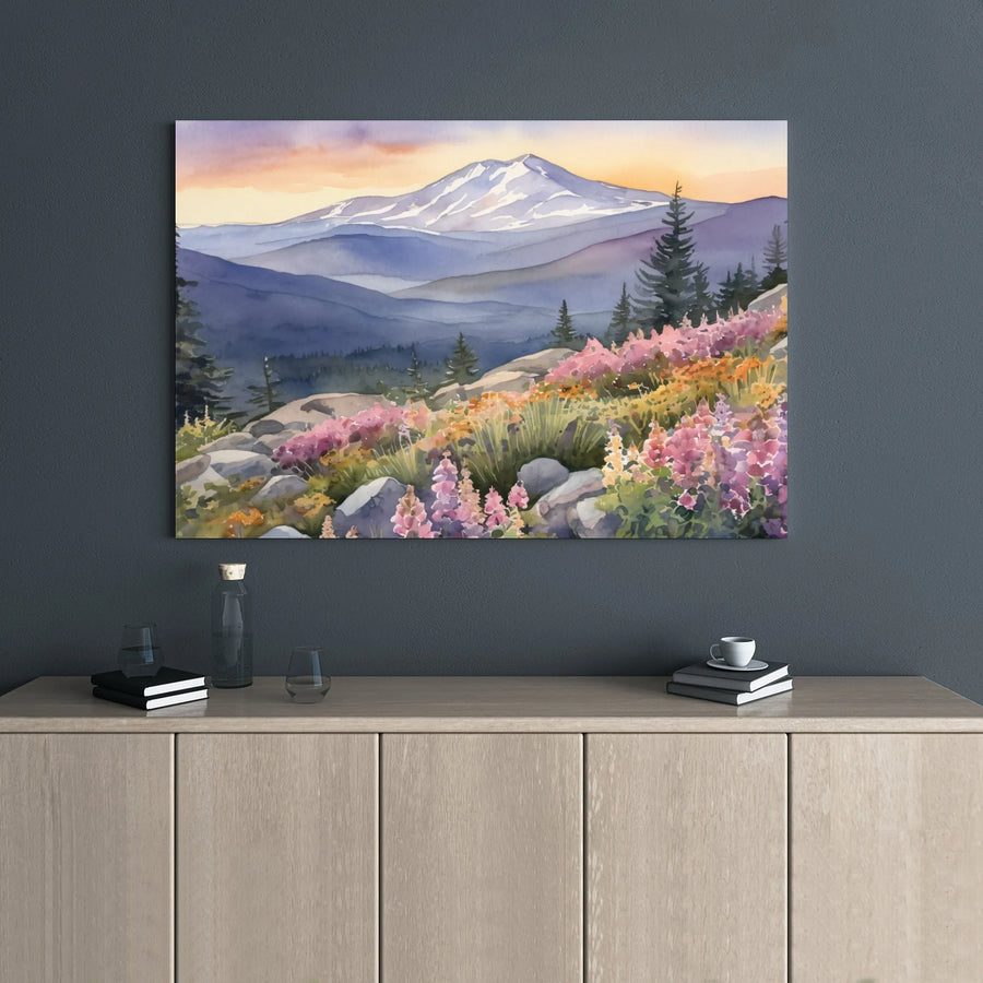 Watercolor Mountain Canvas Art | Wildflower Landscape Print | Premium 1.25" Gallery Wrap | Nature Wall Decor for Home Office