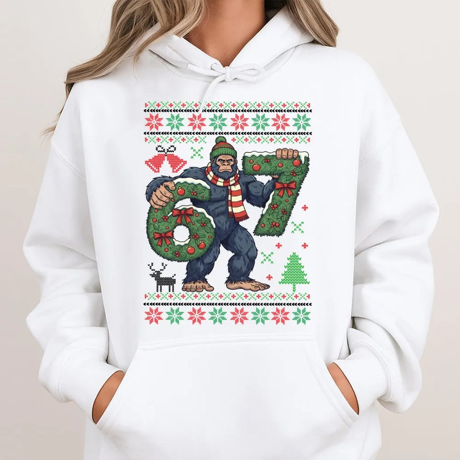 Bigfoot Christmas Hoodie | Funny Sasquatch 67 Birthday Sweater | Premium Cotton Blend | Unisex Ugly Xmas Sweatshirt Gift for Bigfoot Lovers