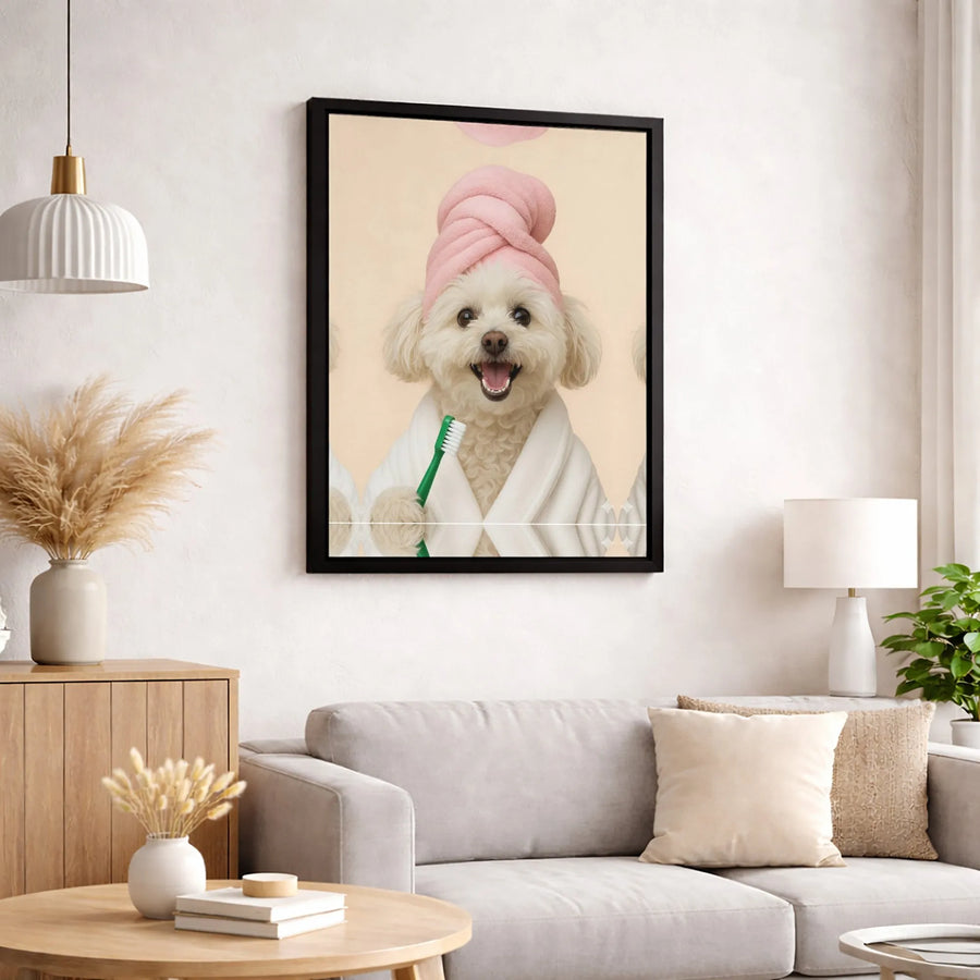 Dog In Bathrobe Canvas Wall Art | Funny Puppy With Toothbrush | Premium Fade-Resistant Print | Cute Bathroom Decor For Animal Lovers Gift