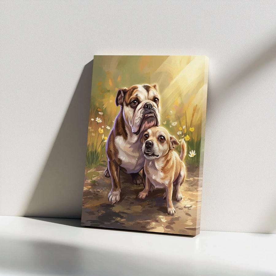 Bulldog and Chihuahua Canvas Wall Art | Unlikely Friends Dog Portrait | Premium Gallery Wrap Canvas | Gift for Pet Owner & Vet Office Decor