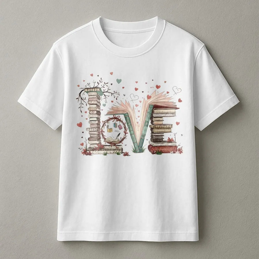 Book Lover Love T-Shirt | Stacked Books Aesthetic Graphic Tee | Premium Cotton Soft Shirt | Bookworm Gift For Readers Librarian Teacher