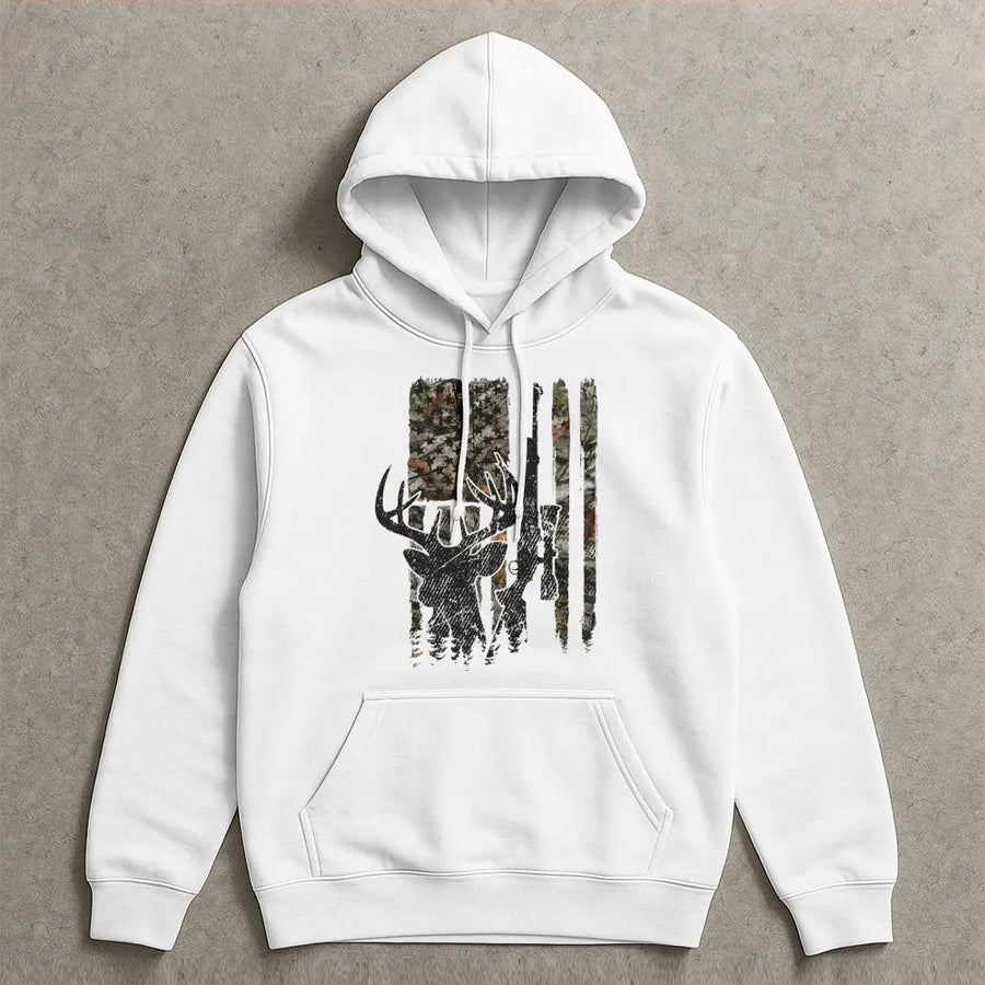 Deer Hunting American Flag Hoodie | Distressed Buck Skull Camo Graphic | Premium Cotton Blend | Patriotic Gift for Hunter Dad