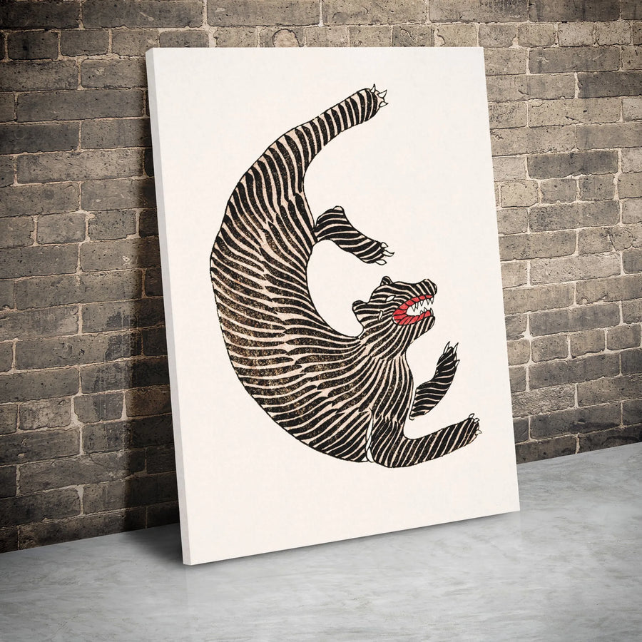 Japanese Woodblock Bear Canvas Art | Abstract Striped Snarling Animal Print | Gallery Wrapped Premium Decor | Modern Home Office Wall Decor