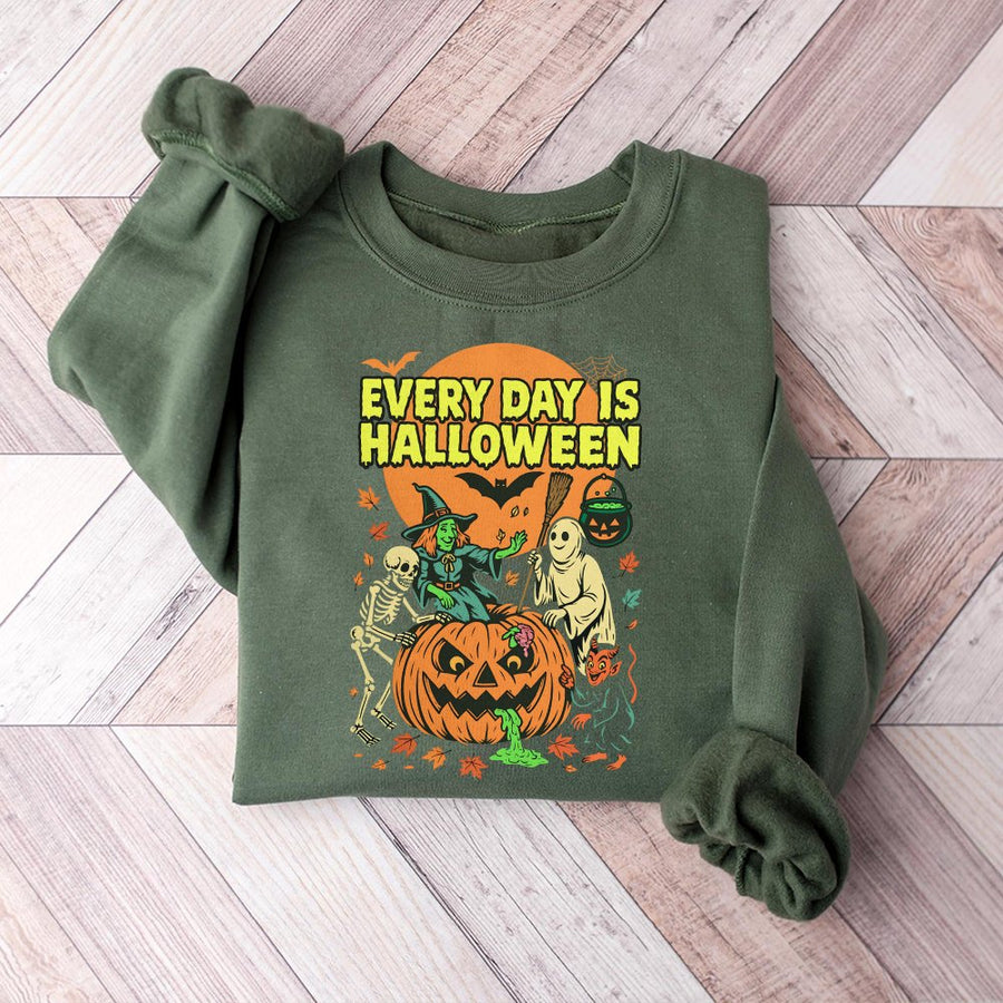 Every Day Is Halloween Sweatshirt | Vintage Spooky Pumpkin Graphic | Premium Cotton Blend | Gift For Horror Lovers And Retro Enthusiasts